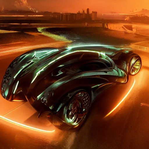 Prompt: car : motherboard forms designed by zaha hadid sci-fi futuristic ultra realistic photography, keyshot render, octane render, unreal engine 5 render, high oiled liquid glossy specularity reflections, ultra detailed, golden hour, dramatic lighting 4k, 8k, 16k in the style ofblade runner 2049 Cyberpunk 2077 ghost in the shell thor 2 marvel film : tilt shift: sharp focus
