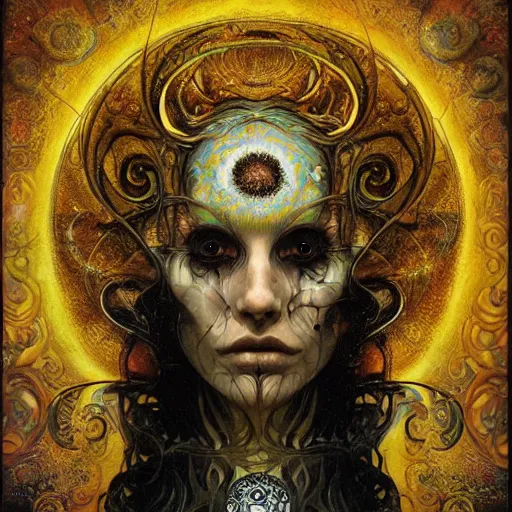 Image similar to Memento Mori by Karol Bak, Jean Deville, Gustav Klimt, and Vincent Van Gogh, beautiful visionary mystical portrait, calavera, otherworldly, fractal structures, ornate gilded medieval icon, third eye, spirals, calavera by Amano