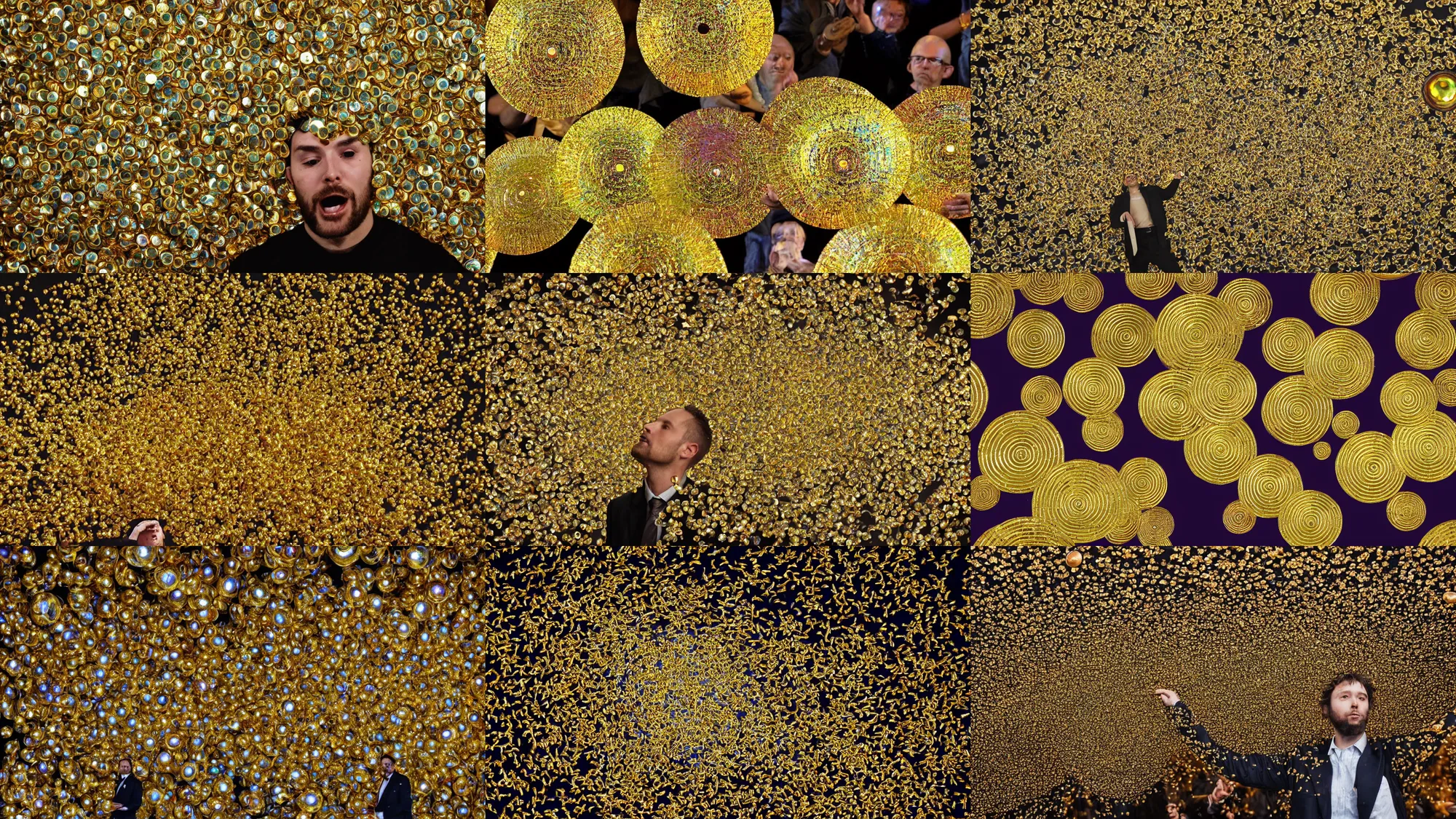 Prompt: swarm of golden iridescent discs surrounding a man