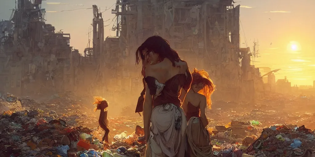 Prompt: broken window in foreground!! garbage dump, city is pure wasteland, sunset in background, detailed characters, alphonse mucha, greg rutkowski, trending on artstation, artgerm, breathtaking, sharp focus, smooth, mark arian, award winning, highly detailed 4 k art