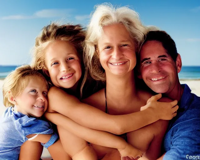 Image similar to portrait of a happy family at the beach, outdoor lighting, realistic, smooth face, perfect eyes, wide angle, sharp focus, high quality, professional photography, photo by annie leibovitz, mark mann