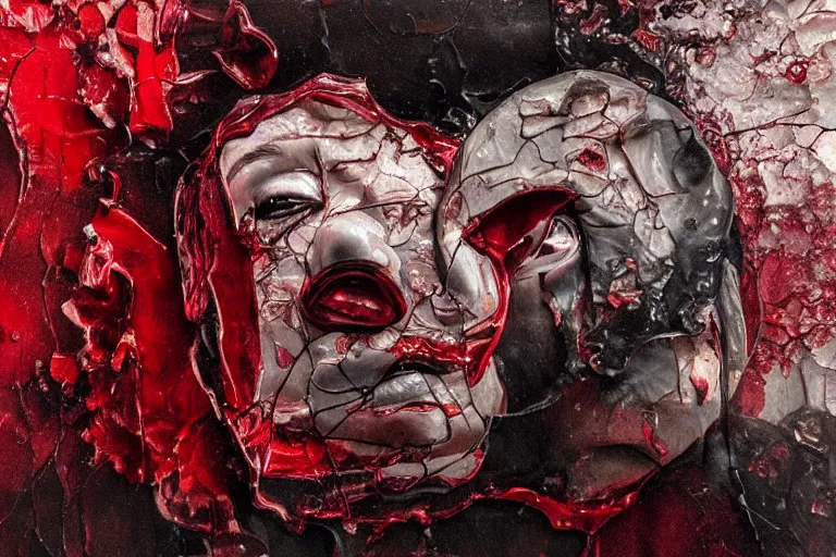 Prompt: hyperrealism, melting portrait of melting monster in agony through the broken mirrors reflections, calm red colors, soft light, in style of classicism