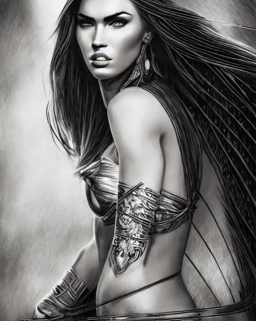 Image similar to portrait of beautiful megan fox as greek goddess aphrodite, archer, arrow on the head, beautiful piercing eyes, flowing blonde hair, realistic face, black and white drawing, in the style of greg rutkowski, fantasy, amazing detail, epic, intricate, elegant, smooth, sharp focus