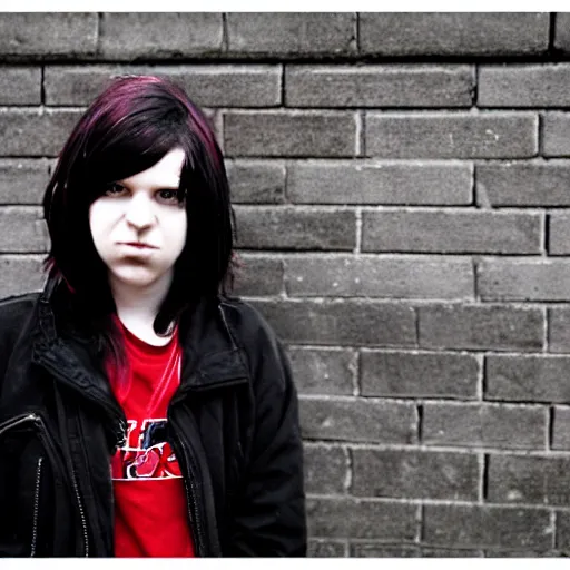 Image similar to a pale emo girl, messy black / red hair, british street background, canon powershot a 5 0, 2 0 0 6