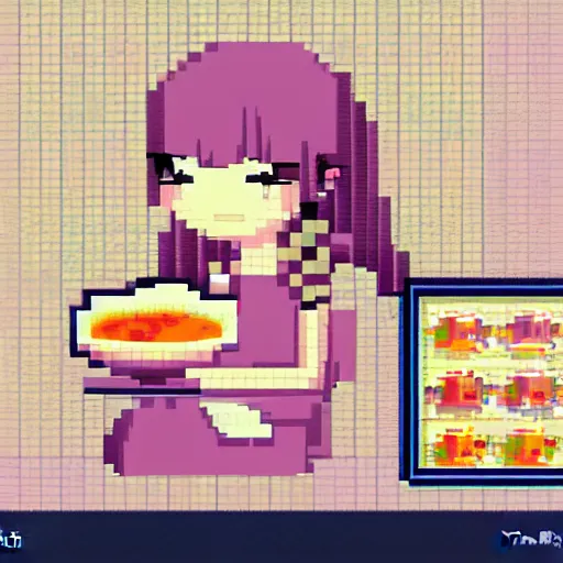 Prompt: pixel art anime girl in ramen cafe, soft colors