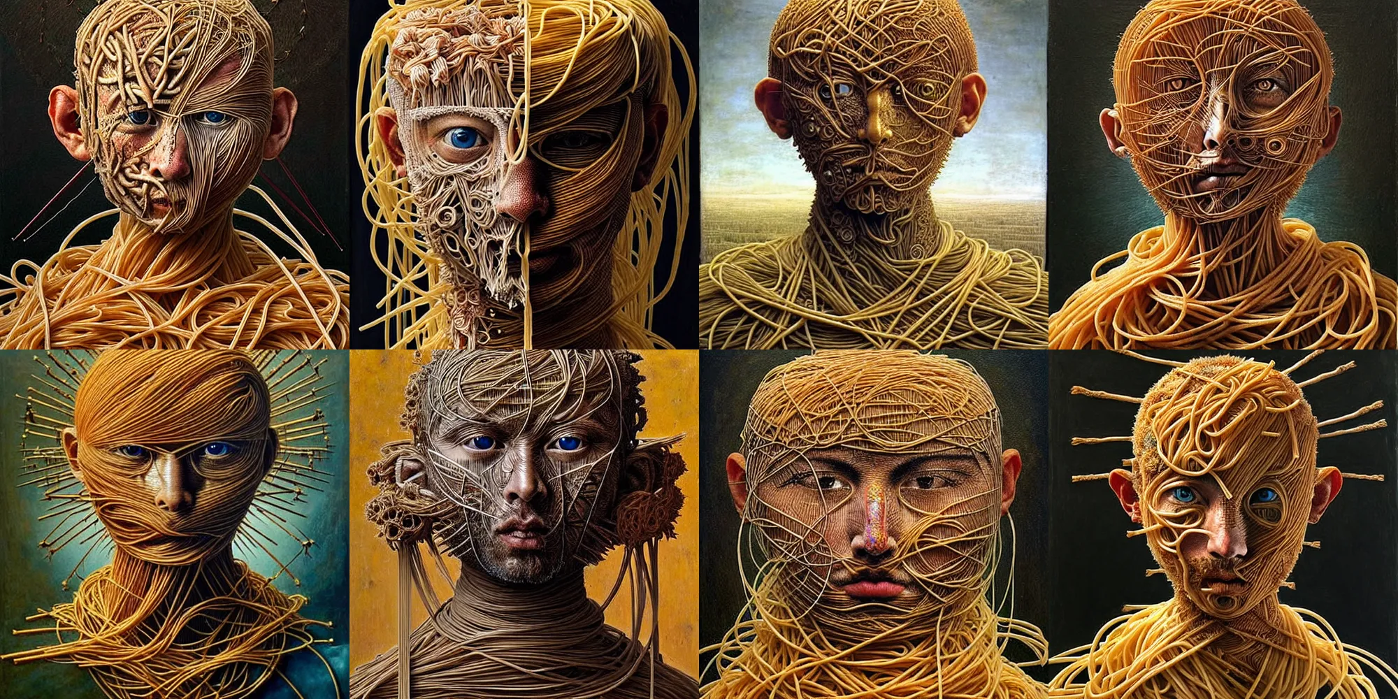 Prompt: half boy half rhibo made of spaghetti, intricate armor made of spaghetti fractals, ancient warrior, samurai style, full body in frame, headspace, by giuseppe arcimboldo and ambrosius benson, renaissance, intricate and intense oil paint, a touch of beksinski, realistic