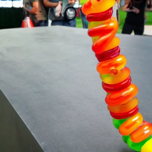 Image similar to a futuristic robot gummi worm. dramatic product lighting. it's a gummi with extra juiciness. but it's also a worm. ick. trendy food truck.