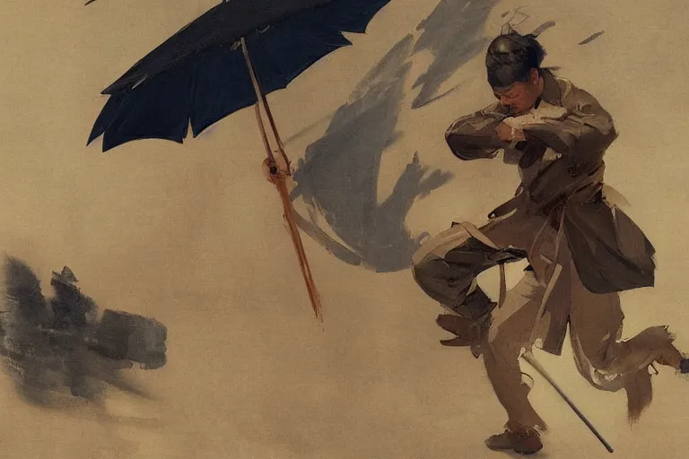 Image similar to portrit of a ninja on a rainy night by joaquin sorolla, greg rutkowski, hokusai