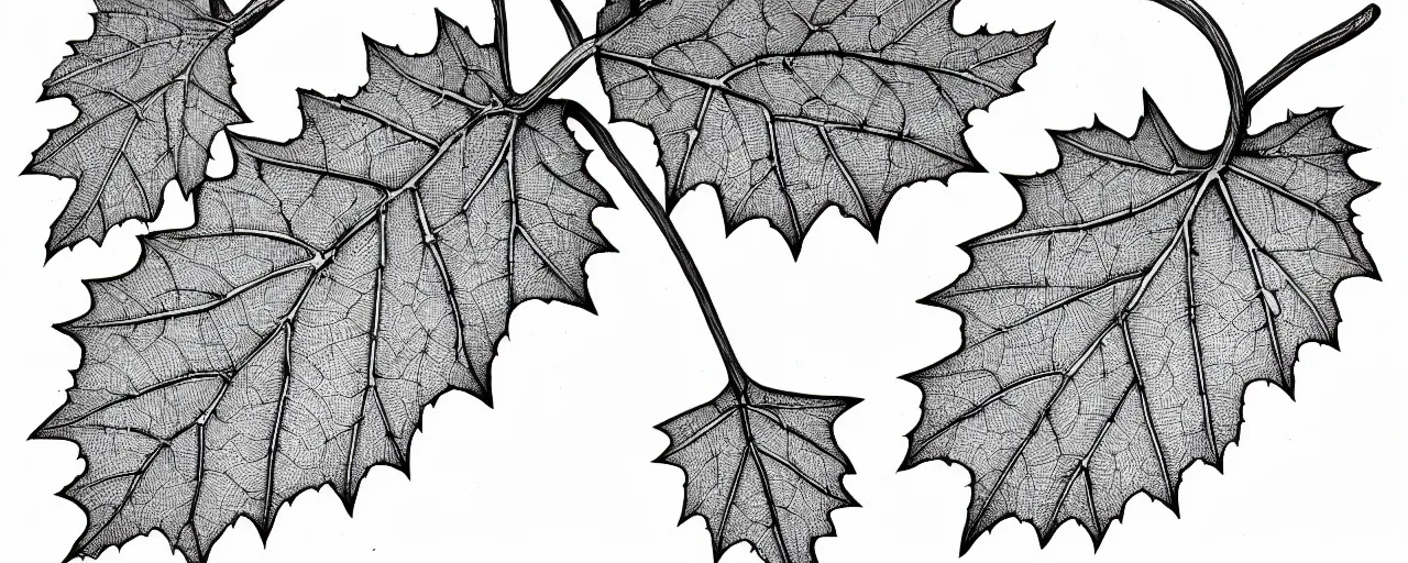 Image similar to a full page schematic diagram illustration of a vine leaf with an oak acorn, ultra detailed, 4 k, intricate, encyclopedia illustration, fine inking lines