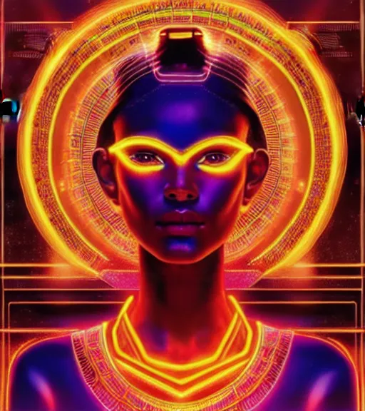 Image similar to symmetry!! egyptian goddess of technology, solid cube of light, hard edges, product render retro - futuristic poster scifi, lasers and neon circuits, brown skin beautiful egyptian goddess, intricate, elegant, highly detailed, digital painting, artstation, concept art, smooth, sharp focus, illustration, dreamlike, art by artgerm