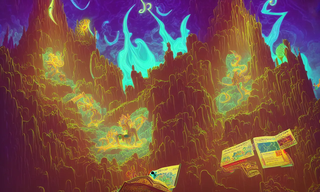 Image similar to large kerberos realm, wizard issues ticket close up, reading a directory, colorful ravine, 3 d art, digital illustration, perfect lighting