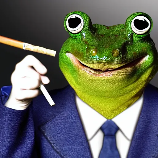 Image similar to a high detail closeup photograph of a 🐸 wearing a suit 👔,and smoking a cigarrette🚬, award wining photograph