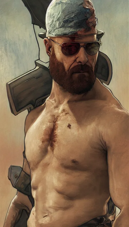 Image similar to Heisenberg as Kratos, highly detailed, digital painting, artstation, concept art, smooth, sharp focus, illustration, ArtStation, art by artgerm and greg rutkowski and alphonse mucha and J. C. Leyendecker and Edmund Blair Leighton and Katsuhiro Otomo and Geof Darrow and Phil hale and Ashley wood and Ilya repin and Charlie Bowater