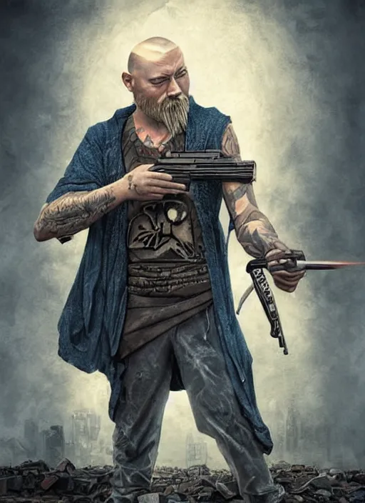 Image similar to portrait of a wizard holding a gun, the wizard has a half shaved head and tattoos, the wizard holding a pistol points downwards, the wizard holding a pistol is only one and stands in a ruined city. by Ciryl Rolando, hyperrealistic illustration, digital art, studio lightning, very detailed faces