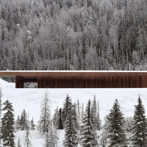 Prompt: winter wooden austere structures inspired by Peter Zumthor