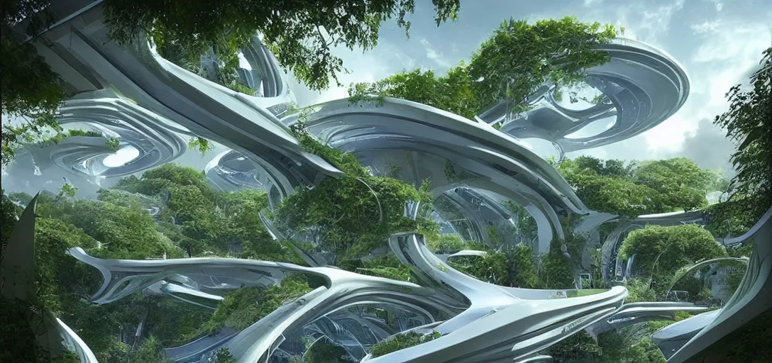 Prompt: a futuristic solarpunk garden, designed by zaha hadid, sci - fi, digital art by paul chadeisson