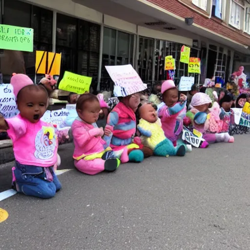 Image similar to babies protesting in front of a daycare center