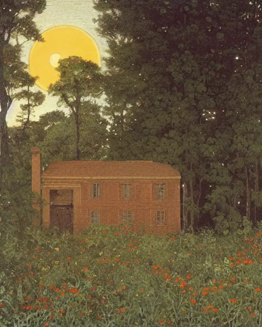 Prompt: a brick house at midnight, 1 9 7 0 s, seventies, delicate embellishments, a little blood, woodland, moonlight shining on wildflowers, painterly, offset printing technique, by alexandre cabanel