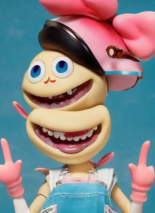 Image similar to a hyperrealistic lowbrow oil panting of a looney kawaii vocaloid figurine caricature with a big dumb goofy grin and pretty sparkling anime eyes featured on Wallace and Gromit by arthur szyk