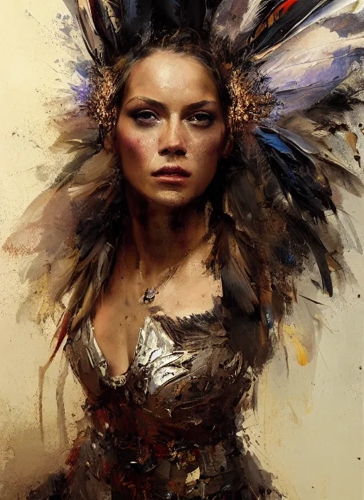 Image similar to painting of a beautiful woman with the face of an eagle, adorned with scant armor, with a feather in her hair, with a strong pose, by Jeremy Mann, stylized, detailed, loose brush strokes, warm tones, vivid colors, realistic