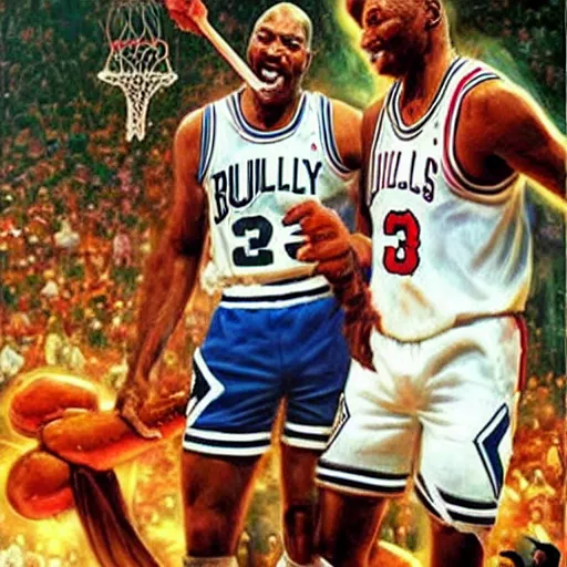 Image similar to portrait of larry bird and michael jordan sharing hotdogs, an oil painting by ross tran and thomas kincade w 7 6 8