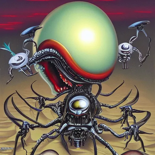 Xenomorph life cycle, eggfacehuggerdrone painting by Stable