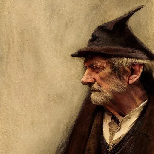 Image similar to Solomon Joseph Solomon and Richard Schmid and Jeremy Lipking victorian genre painting portrait painting of a old rugged actor wizard wearing a wizard hat and robe from the hobbit , red background