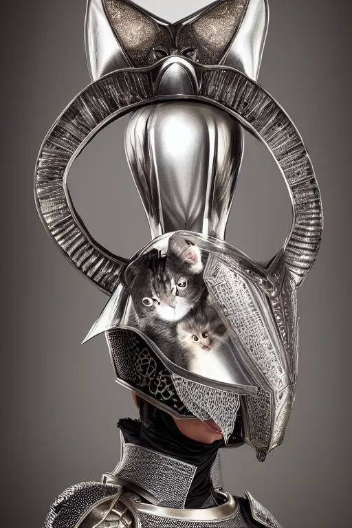 Image similar to female knight wearing a real cat on her head, armor designed by wayne barlowe, swarovski and tiffany, blonde hair, symmetry, sci - fi, cinematic, elegant, luxury, perfect light, perfect composition, dlsr photography, sharp focus, dark fantasy, 8 k, ultra hd, sense of awe, highly detailed, realistic, intricate