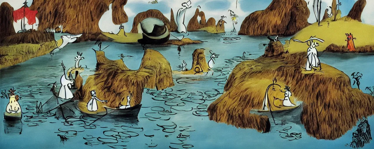 Image similar to the moomins in moominvalley, salvador dali painting, very detailed!, high quality, 4 k