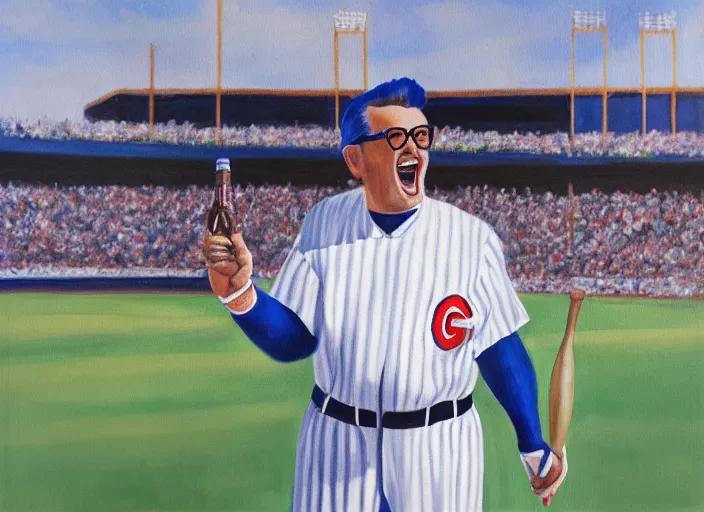 Image similar to painting of harry caray singing take me out to the ball game, malort bottle in hand, wrigley field background, blue sky, baseball, sharp,