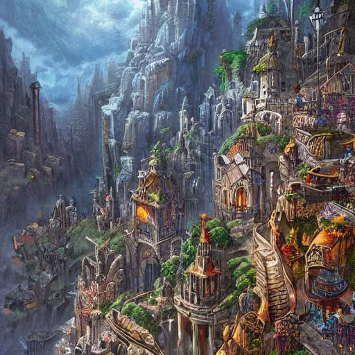 Image similar to steep cliffside medeival fantasy city, painting, intricate and detailed, hight quality