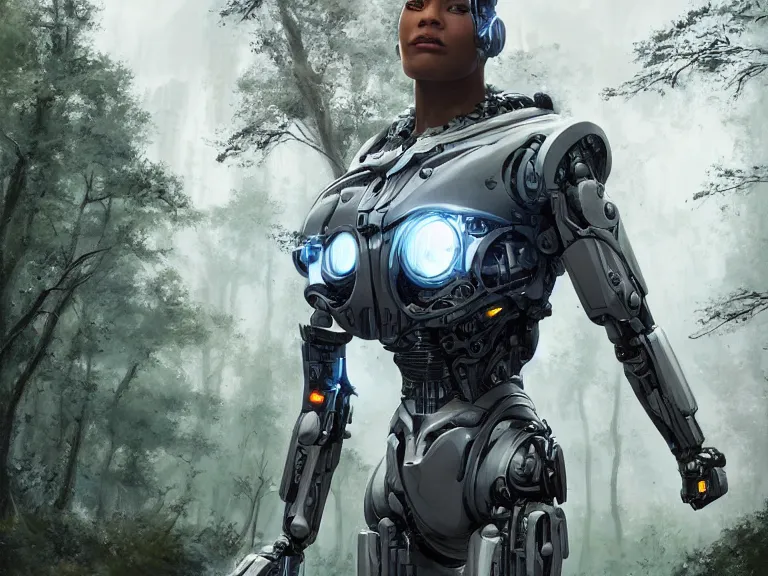 Prompt: cinematic wide portrait of cyborg wearing a sci - fi silver exoskeleton, rule of thirds, action pose, beautiful forest landscape in background, fantasy, sci - fi, cyberpunk - style, artgerm and greg rutkowski, 8 k, octane, intricately detailed, highly detailed, trending on artstation