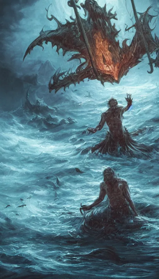 Image similar to man on boat crossing a body of water in hell with creatures in the water, sea of souls, from magic the gathering