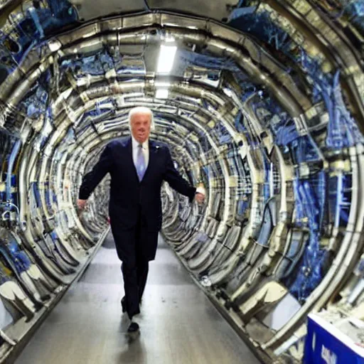 Image similar to Joe BIDEN crawling out of The Large Hadron Collider at cern with a bunch of demons behind him