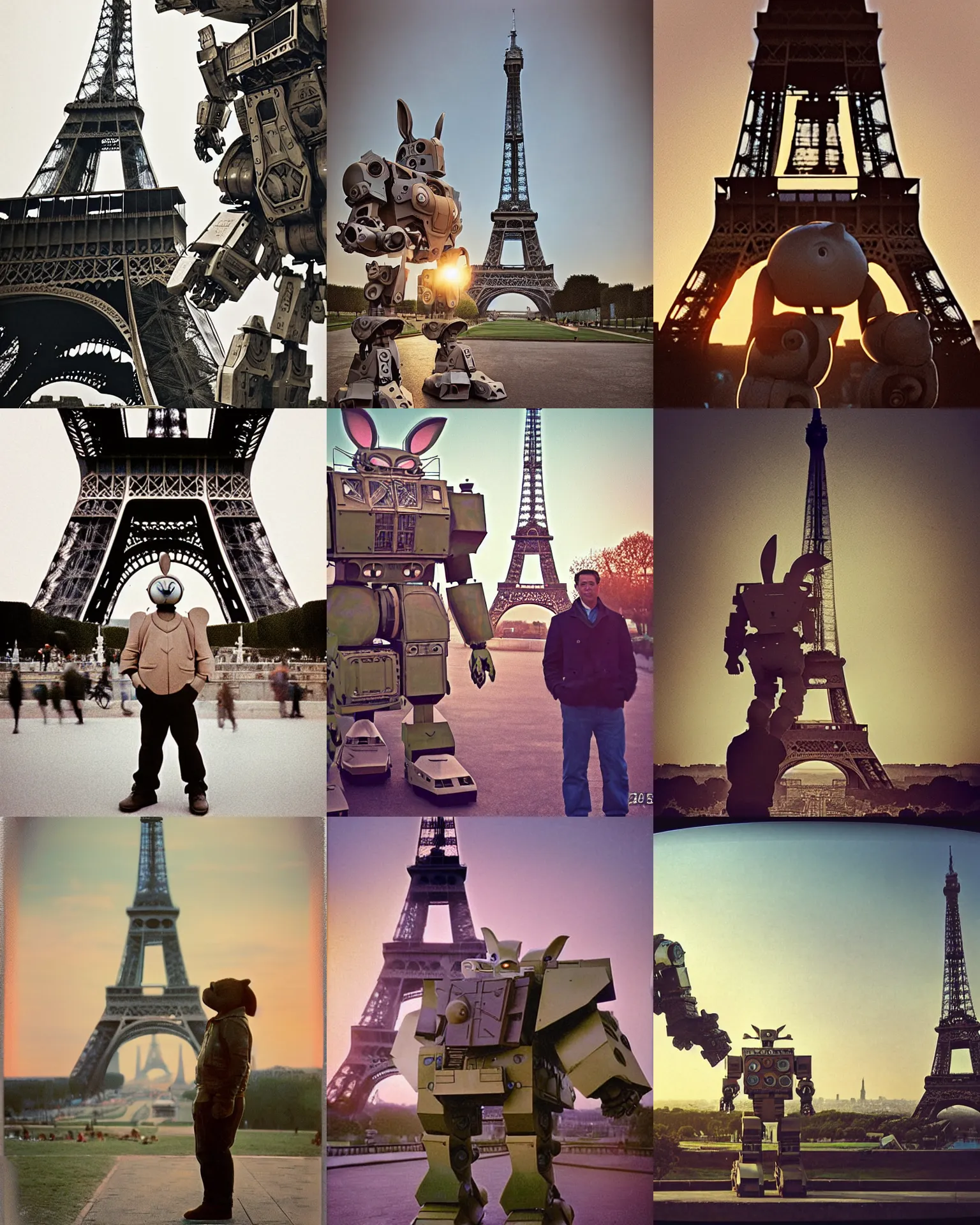 Prompt: giant oversized battle chubby intricate robot rabbit mech with big oversized ears towering over eiffel tower , Cinematic focus dof , Polaroid vintage color photo , vintage! , neutral dull colors, soft lights, sunset backlight , full body, by Steve Hanks, by Serov Valentin, by lisa yuskavage, by Andrei Tarkovsky