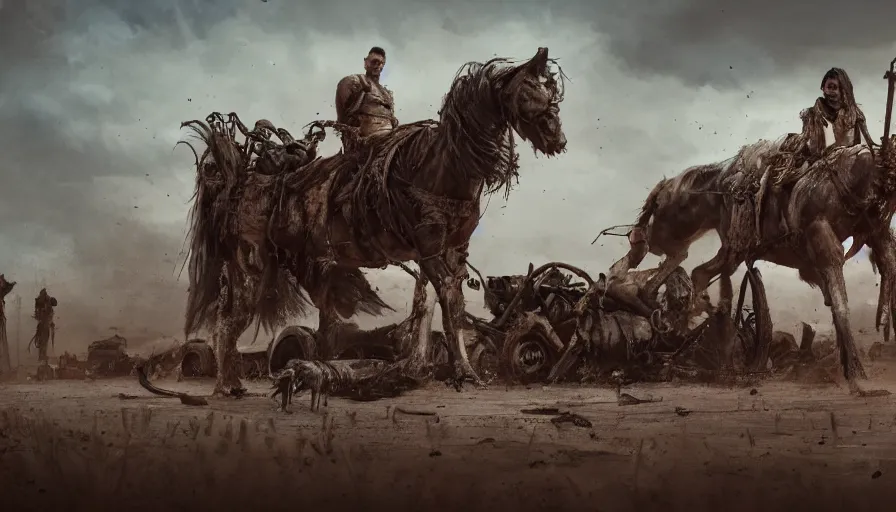 Image similar to old ranch with dead horses, mad max style, hyperdetailed, artstation, cgsociety, 8 k