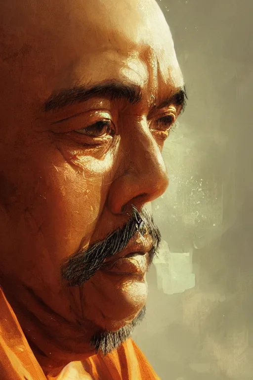 Image similar to hindu monk, close - up portrait, devoted, intricate, elegant, volumetric lighting, scenery, digital painting, highly detailed, artstation, sharp focus, illustration, concept art, ruan jia, steve mccurry