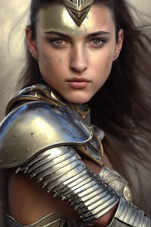 Prompt: a photorealistically painted portrait of an attractive young girl, partially clothed in metal-plated battle armor, with an abstractly painted background, flawless olive skin, fair complexion, long dark hair, beautiful bone structure, perfectly symmetric facial features, perfect photorealistic eyes, natural physique, intricate, elegant, digital painting, concept art, finely detailed, beautifully illustrated, sharp focus, minimal artifacts, volumetric lighting, from DOOM and Halo, by Ruan Jia and Mandy Jurgens and Artgerm and William-Adolphe Bouguerea, in the style of Greg Rutkowski, trending on Artstation, award winning art