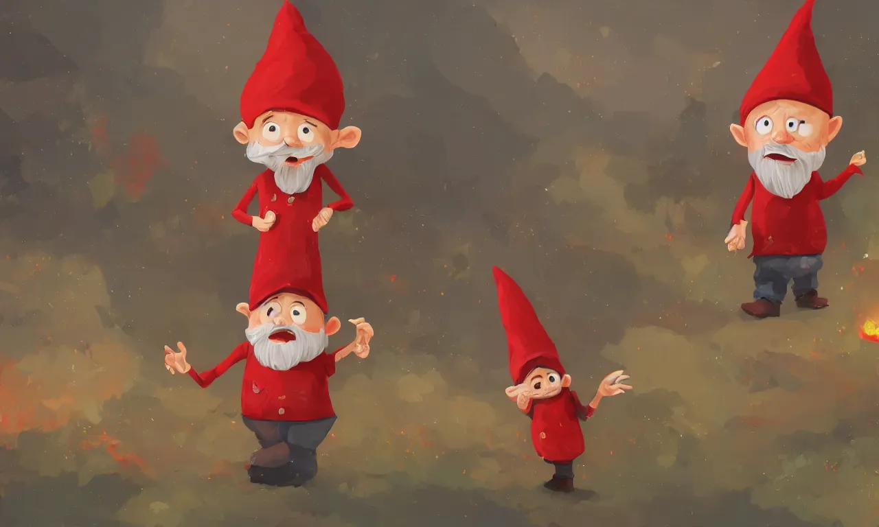 Prompt: wide shot of an innocent cartoony gnome man with a red hat, overalls and a white beard, he has a devastated expression, in the distance a village is on fire, digital art, 4 k, cartoon, fantasy world, dramatic lighting