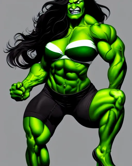 Prompt: Gina Carano She Hulk green skin, full body action pose, highly detailed, digital painting, artstation, concept art, smooth, sharp focus, illustration