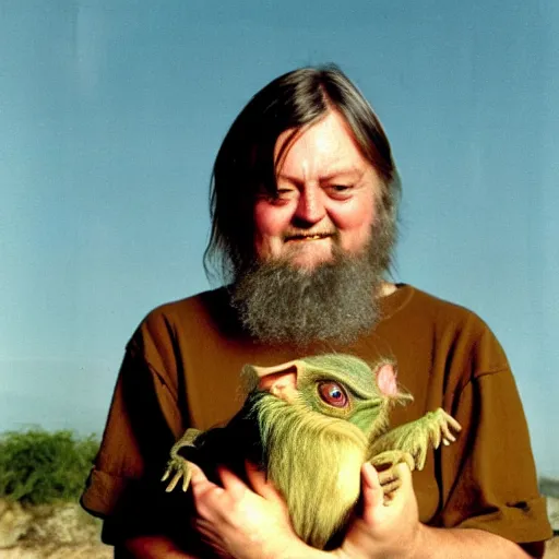 Image similar to robert wyatt holding a gremlin