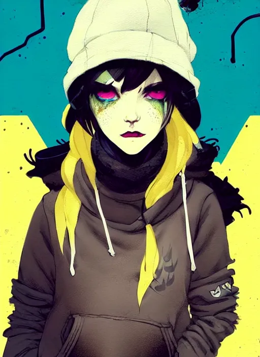 Image similar to highly detailed portrait of a sewer punk lady student, blue eyes, tartan hoody, hat, white hair by atey ghailan, by greg rutkowski, by greg tocchini, by james gilleard, by joe fenton, by kaethe butcher, gradient yellow, black, brown and cyan color scheme, grunge aesthetic!!! ( ( graffiti tag wall background ) )