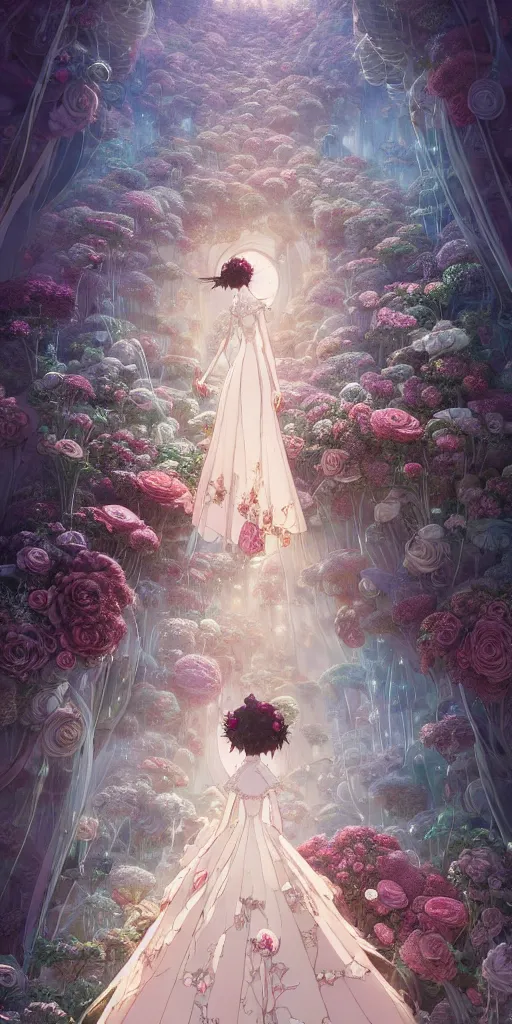 Prompt: the beautiful hyper detailed of a rose wedding dress clothing design display in the fairyland, in the style of makoto shinkai victo ngai and peter mohrbacher studio ghibli artgerm karol bak beeple, animation style, 8 k hd, dream, animation style, 3 drender, hyperdetailed