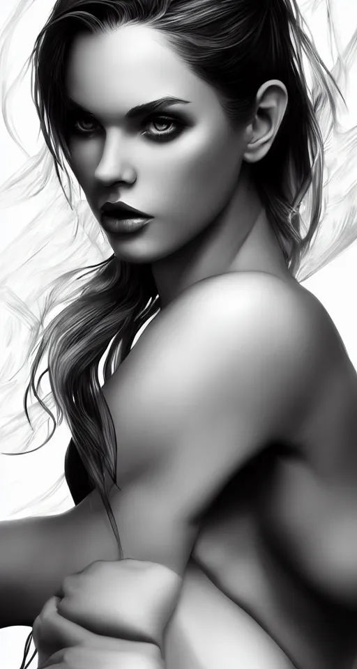 Image similar to full body portrait of a beautiful woman in black and white, photorealistic, upper body, art by diego fazio and diegoKoi and artgerm, concept art, hyper sharp focus, 8k highly detailed