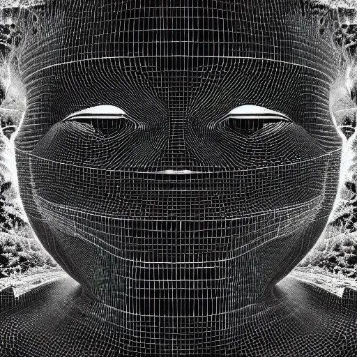 Image similar to defragmentation ( becoming whole with the glitch inside ), in the style of hiroya oku and ikeda and stanley kubrick, black and white, photorealistic, epic, super technical, 3 d render