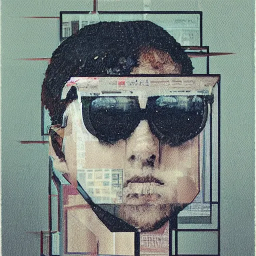 Prompt: greg rutkowski, vaporwave, glitched abstract geometric painting, grainy portrait polaroid film photograph of a schoolbook where everyone is wearing sunglasses and super serious. one of them is a mannequin. super resolution. extremely detailed. just a little weird. polaroid 6 0 0 film. crt monitor, scanlines