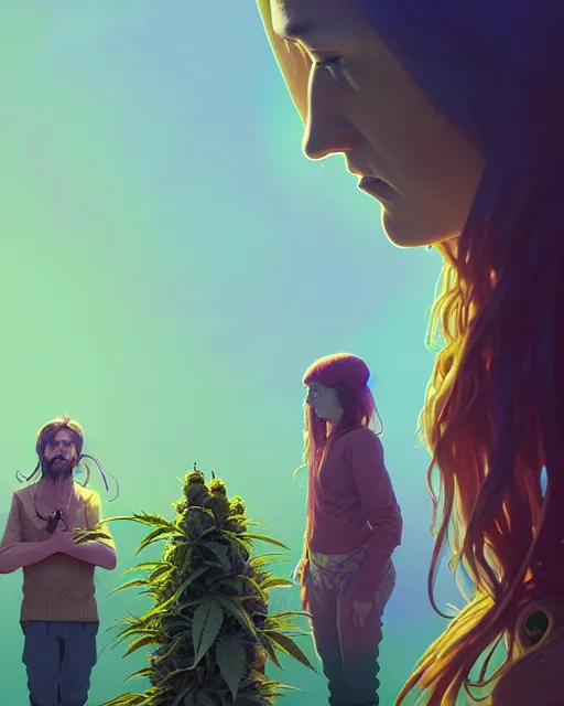 Image similar to highly detailed surreal vfx portrait of a marijuana weed cult, stephen bliss, unreal engine, greg rutkowski, loish, rhads, beeple, makoto shinkai and lois van baarle, ilya kuvshinov, rossdraws, tom bagshaw, alphonse mucha, global illumination, detailed and intricate environment