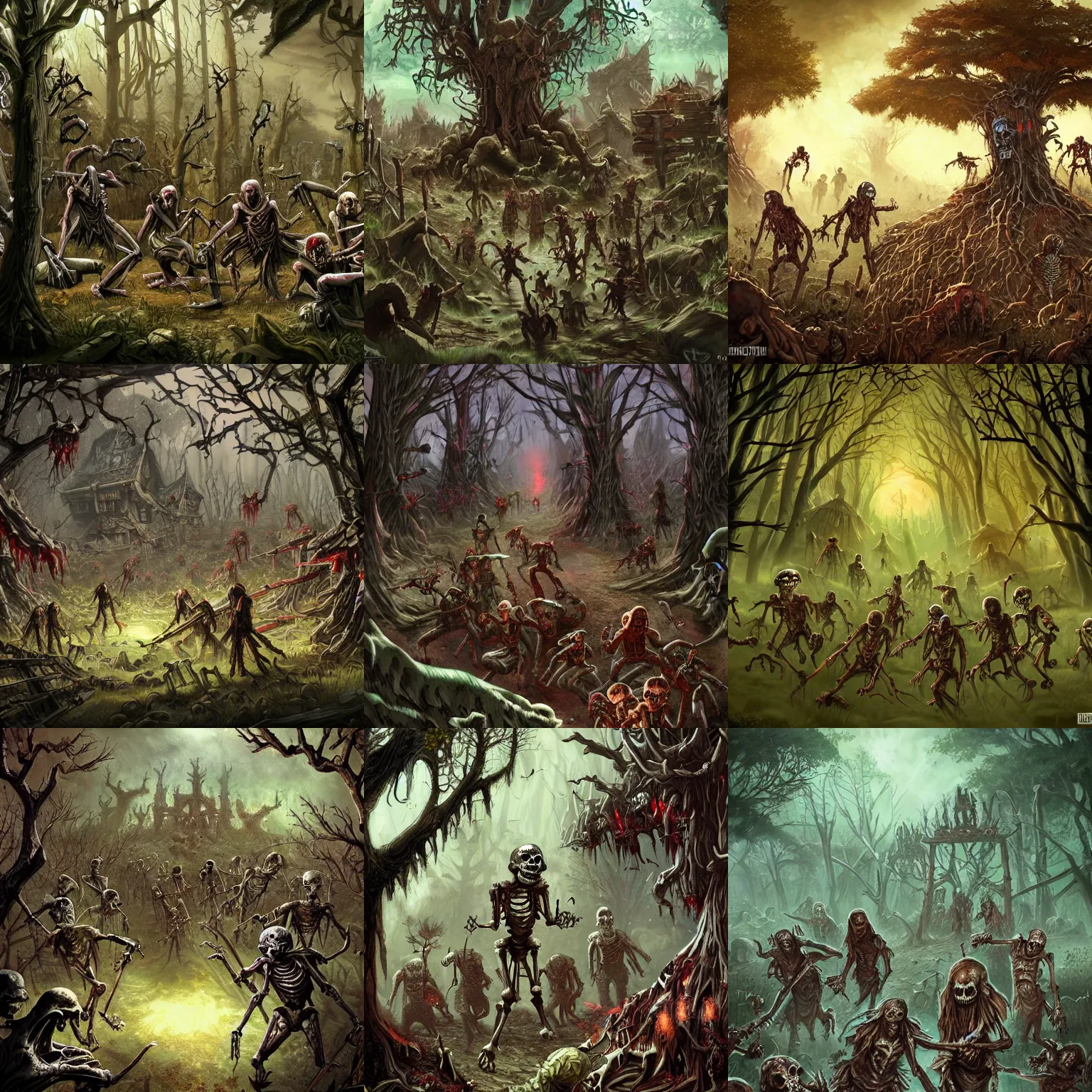 Prompt: zombies and skeletons attacking an elven tree village in a beautiful forest, fantasy art, conceptart, dnd, artstation