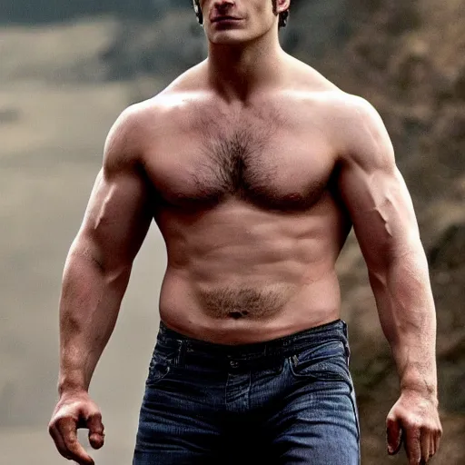 Image similar to henry cavil extremly msuclar, muscles, photographic,