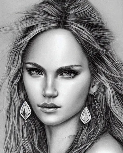 Image similar to pencil drawing of a beautiful greek goddess aphrodite with arrowhead earrings, beautiful piercing eyes, beautiful blonde hair, hyper realistic face, in the style of greg rutkowski, fantasy, amazing detail, epic, elegant, smooth, sharp focus, from the front